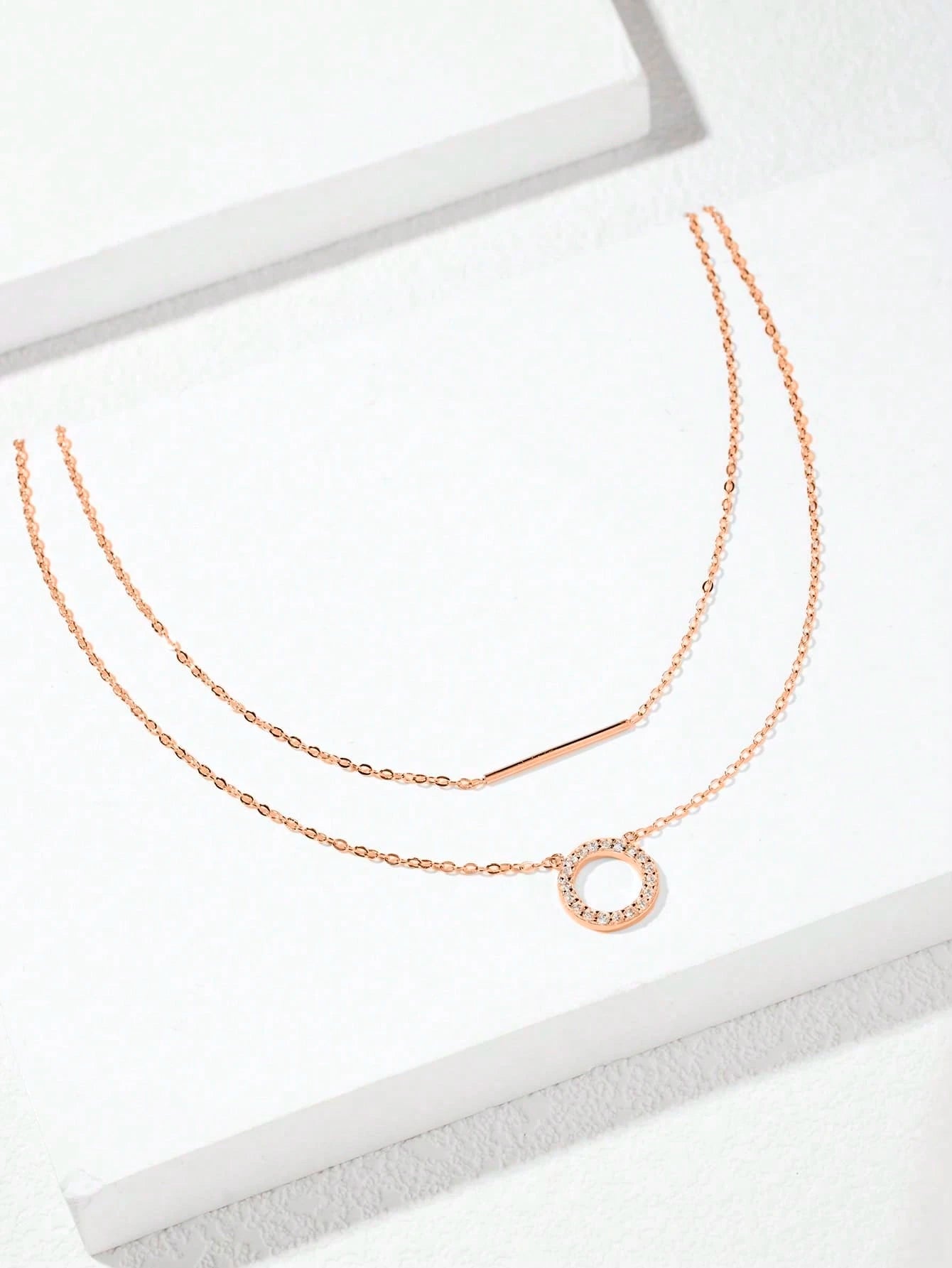 SYMFNY 1pc 925 Sterling Silver Rose Gold Round Open Cubic Zirconia Layered Bar Necklace