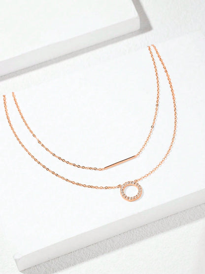 SYMFNY 1pc 925 Sterling Silver Rose Gold Round Open Cubic Zirconia Layered Bar Necklace