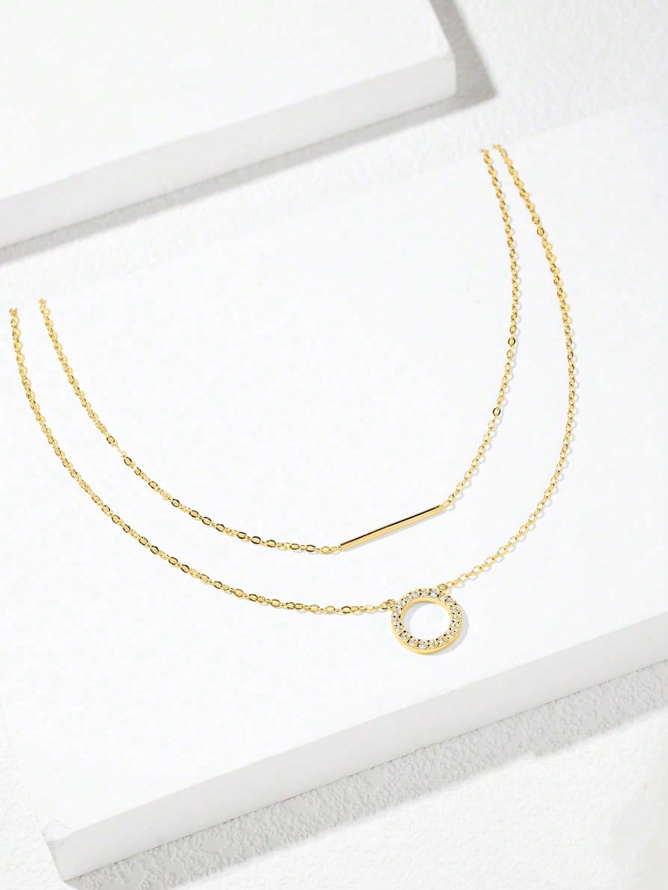 SYMFNY 1pc 925 Sterling Silver Rose Gold Round Open Cubic Zirconia Layered Bar Necklace