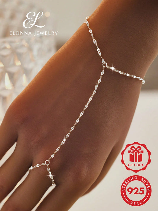 SYMFNY Minimalist Unique 925 Sterling Silver Shiny Lip-Shaped Chain Ring Bracelet