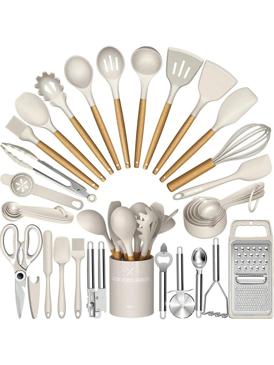 TAIMASI Kitchen Utensils Set- 34PCS Silicone Cooking Utensils With Holder, Heat Resistant Kitchen Utensil Spatula Set For Nonstick Cookware, Black Wooden Handles Kitchen Gadgets Tools Set- Perfect Fo