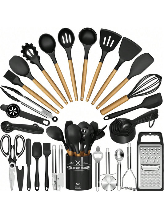 TAIMASI Kitchen Utensils Set- 34PCS Silicone Cooking Utensils With Holder, Heat Resistant Kitchen Utensil Spatula Set For Nonstick Cookware, Black Wooden Handles Kitchen Gadgets Tools Set- Perfect Fo