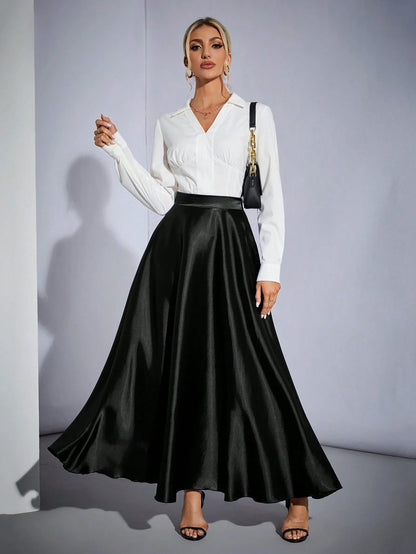 Tall High Waisted Solid Color Flare Party Women's Oversized Hem Skirt, Tall Women