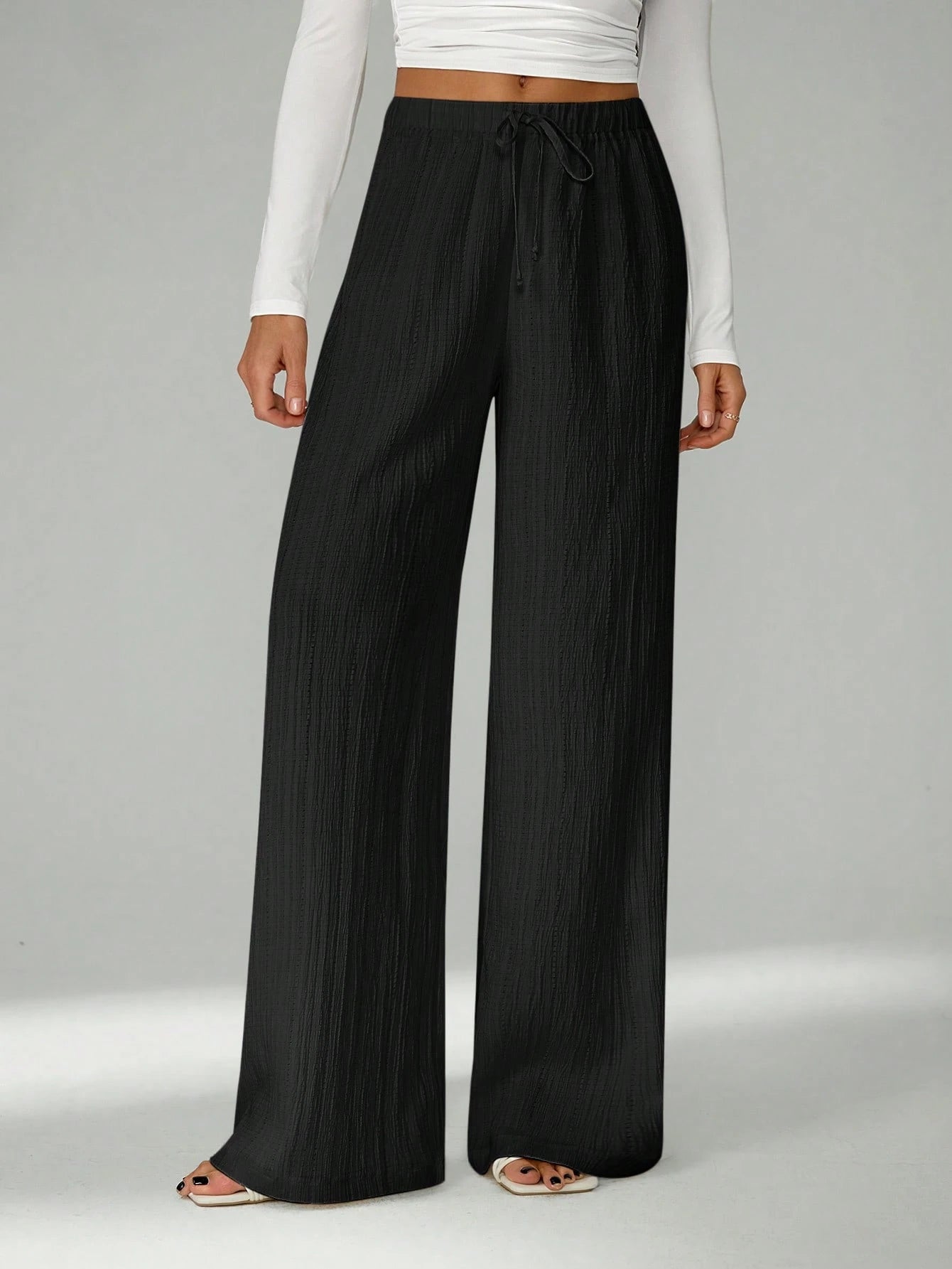 Tall Loose Drawstring Waist Trousers In Textured Crinkle Fabric, Tall Women