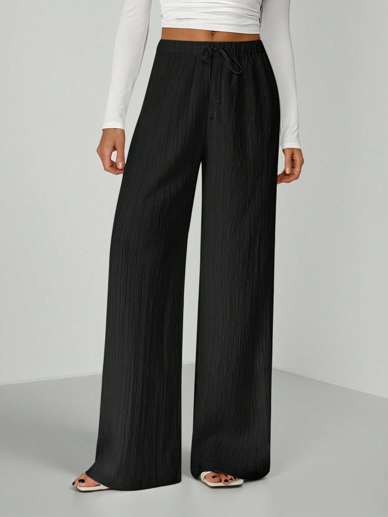 Tall Loose Drawstring Waist Trousers In Textured Crinkle Fabric, Tall Women