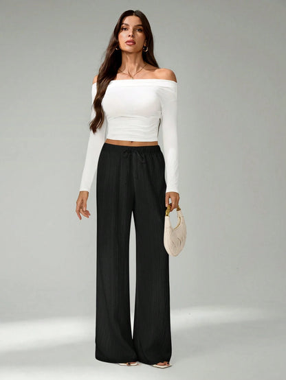 Tall Loose Drawstring Waist Trousers In Textured Crinkle Fabric, Tall Women