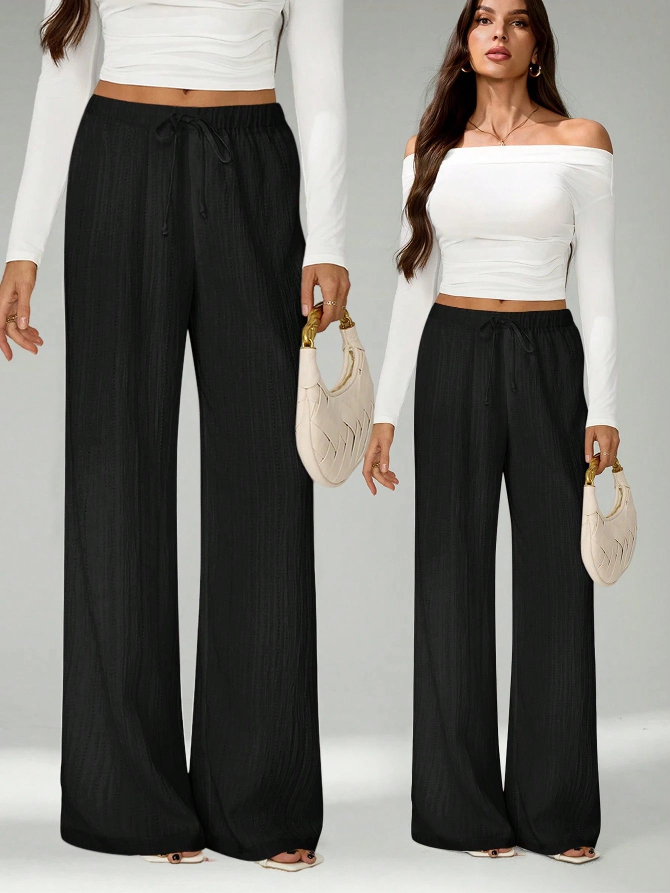 Tall Loose Drawstring Waist Trousers In Textured Crinkle Fabric, Tall Women