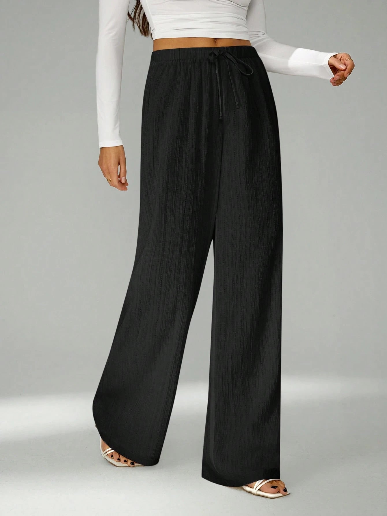 Tall Loose Drawstring Waist Trousers In Textured Crinkle Fabric, Tall Women