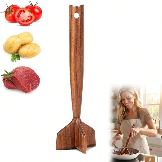 Teak Wooden Meat Masher Chopper, Ground Beef Masher, Chicken Shredder&Meat Chopper, Non-Scratch Ground Meat Chopper For Nonstick Cookware, Heat Resistant Potato Masher