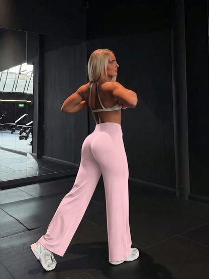 This Solid Color Yoga Wide-Leg Pants Are Comfortable And Slimming, Suitable For Running, Fitness, And Various Yoga Activities. Pink Spring Sports