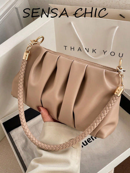 This Stylish Purple Khaki PU Handbag Features A Detachable Shoulder Strap And Pleated Design, Making It Suitable For Office Workers, Teachers, Students, Young Women And Fashionistas. Whether For Commu