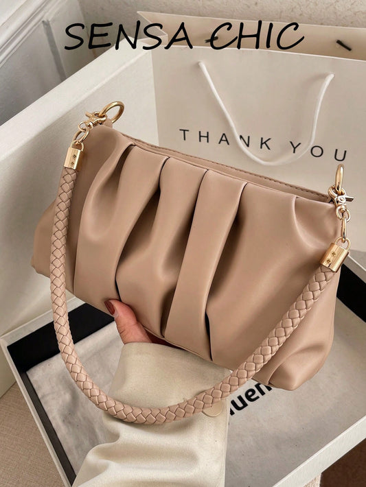 This Stylish Purple Khaki PU Handbag Features A Detachable Shoulder Strap And Pleated Design, Making It Suitable For Office Workers, Teachers, Students, Young Women And Fashionistas. Whether For Commu