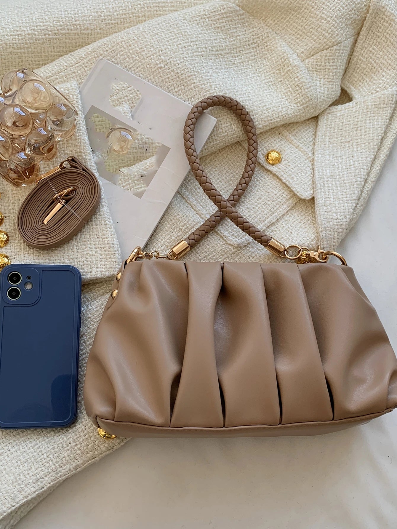 This Stylish Purple Khaki PU Handbag Features A Detachable Shoulder Strap And Pleated Design, Making It Suitable For Office Workers, Teachers, Students, Young Women And Fashionistas. Whether For Commu