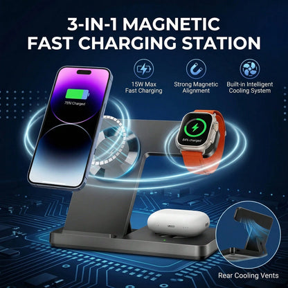 This Wireless Charging Station Is A 3-In-1 Standard Device, Compatible With 15W Fast Wireless Chargers, And Supports IPhones 17, 16, 15, 14, 13, 12, 11X, 8, Pro Max/Pro/Mini/Plus, Smart Watch 10/9/8