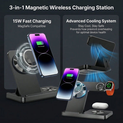 This Wireless Charging Station Is A 3-In-1 Standard Device, Compatible With 15W Fast Wireless Chargers, And Supports IPhones 17, 16, 15, 14, 13, 12, 11X, 8, Pro Max/Pro/Mini/Plus, Smart Watch 10/9/8