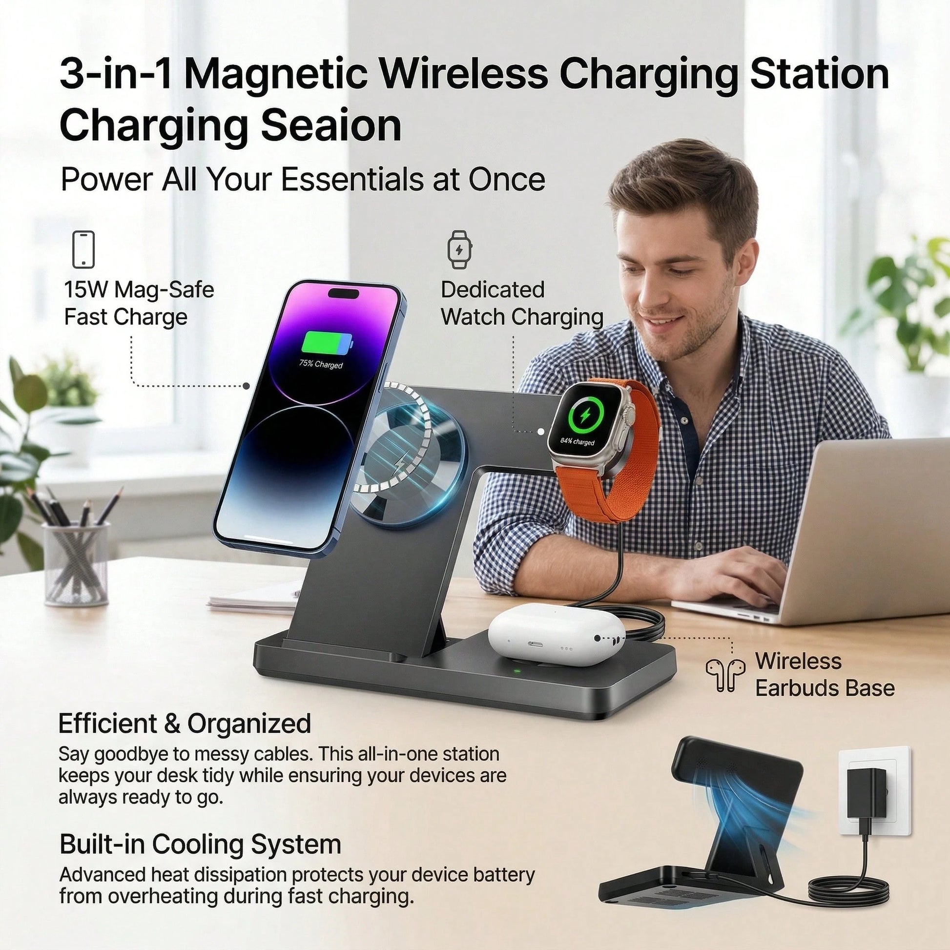 This Wireless Charging Station Is A 3-In-1 Standard Device, Compatible With 15W Fast Wireless Chargers, And Supports IPhones 17, 16, 15, 14, 13, 12, 11X, 8, Pro Max/Pro/Mini/Plus, Smart Watch 10/9/8