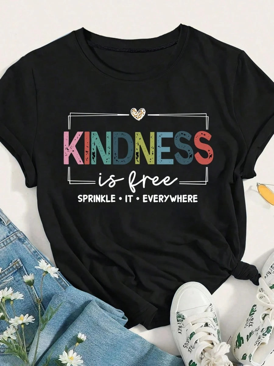 This Women's Summer Fashion T-Shirt Features A Colorful "KINDNESS" Print And A "SPRINKLE IT EVERYWHERE" Slogan Graphic