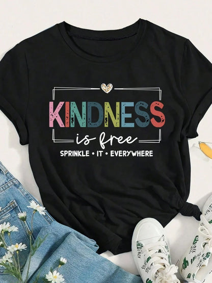 This Women's Summer Fashion T-Shirt Features A Colorful "KINDNESS" Print And A "SPRINKLE IT EVERYWHERE" Slogan Graphic