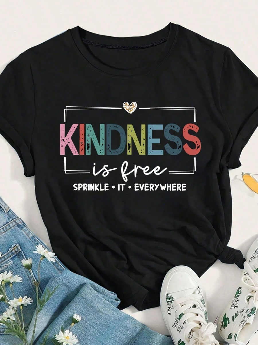 This Women's Summer Fashion T-Shirt Features A Colorful "KINDNESS" Print And A "SPRINKLE IT EVERYWHERE" Slogan Graphic
