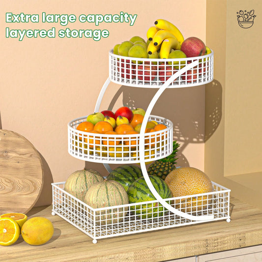 Three-Tier Round Metal Storage Rack-No Assembly Required, Polished Finish, Multi-Tiered Storage Rack For Kitchen And Bathroom Items, Produce Basket, Kitchen Storage, Stylish Storage Rack, Kitchen Orga