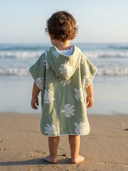 Toddler Boys' Sage Green Cartoon Sea Turtle Print Hooded Cover Up,Summer Casual Beach Vacation Holiday Infant Wearable Towel Poncho Swimwear Cape