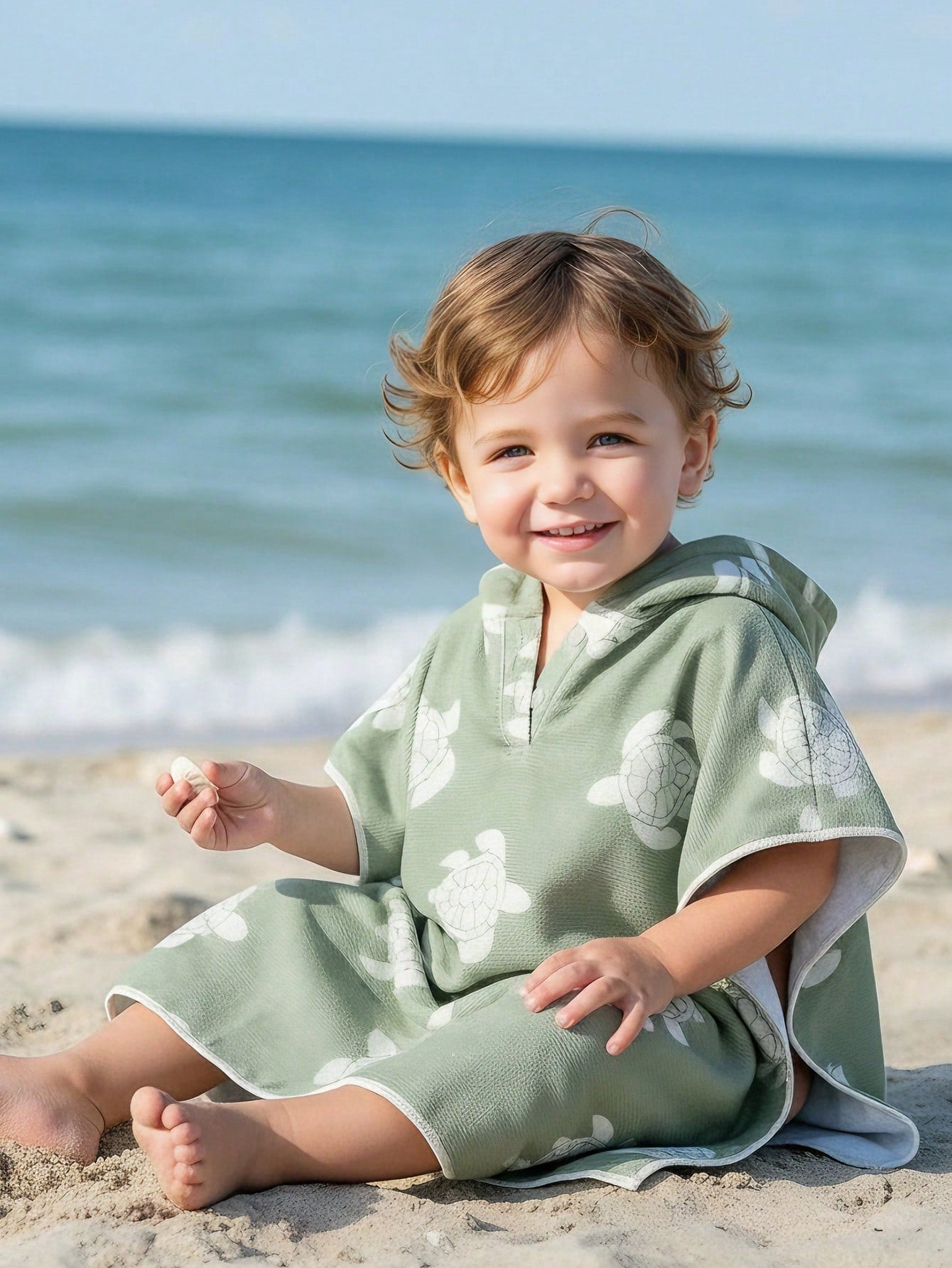 Toddler Boys' Sage Green Cartoon Sea Turtle Print Hooded Cover Up,Summer Casual Beach Vacation Holiday Infant Wearable Towel Poncho Swimwear Cape