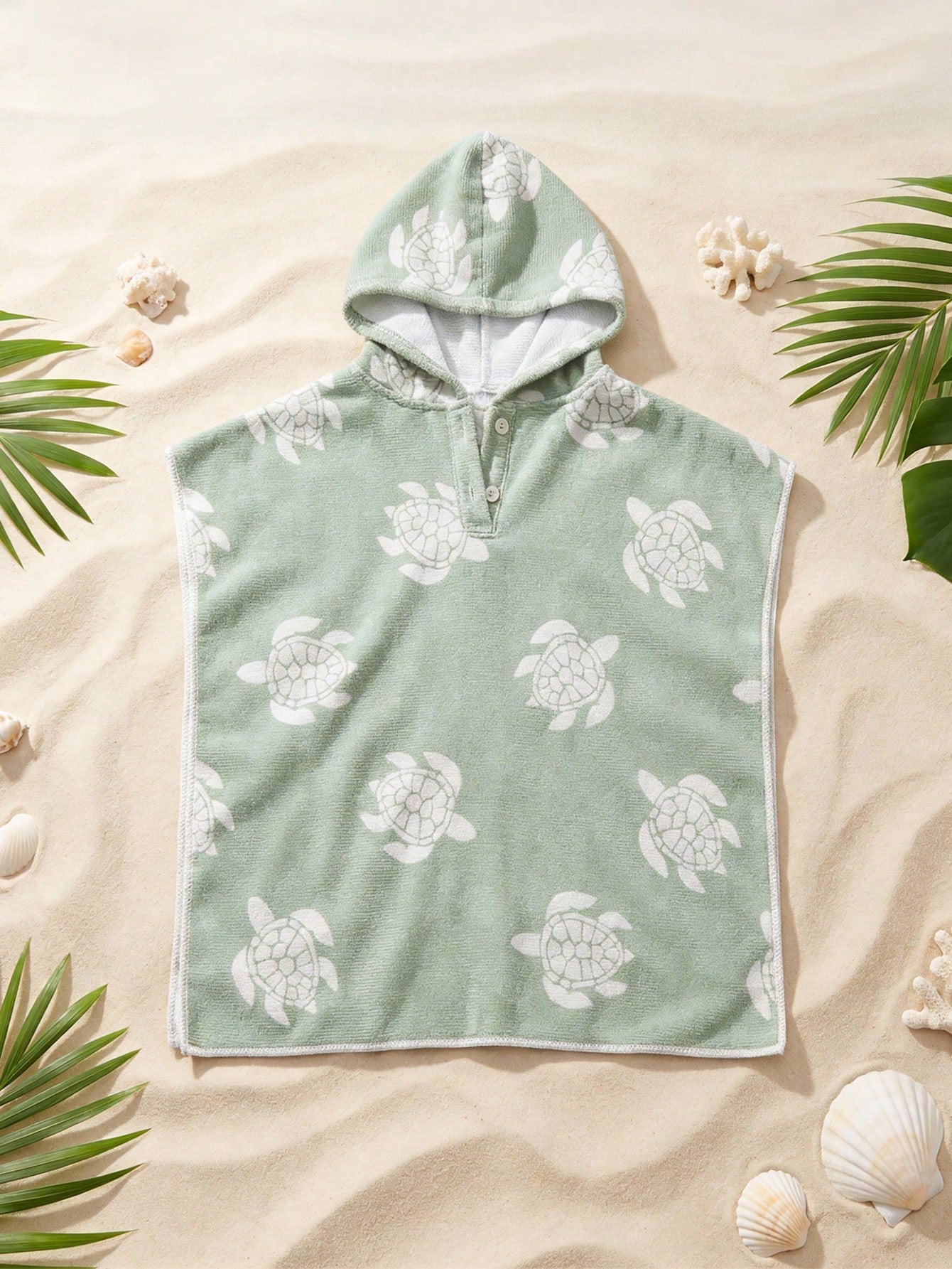 Toddler Boys' Sage Green Cartoon Sea Turtle Print Hooded Cover Up,Summer Casual Beach Vacation Holiday Infant Wearable Towel Poncho Swimwear Cape