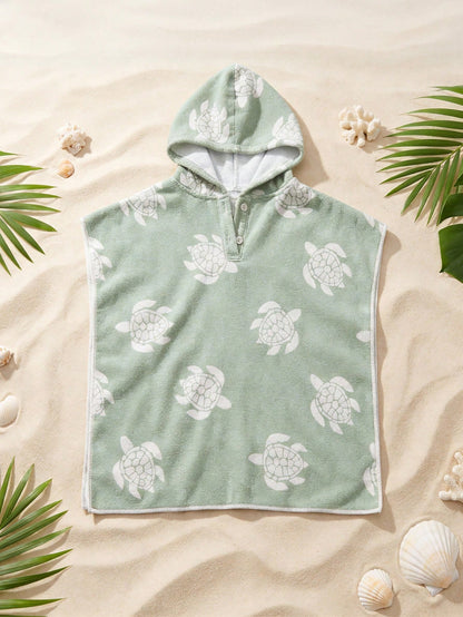 Toddler Boys' Sage Green Cartoon Sea Turtle Print Hooded Cover Up,Summer Casual Beach Vacation Holiday Infant Wearable Towel Poncho Swimwear Cape