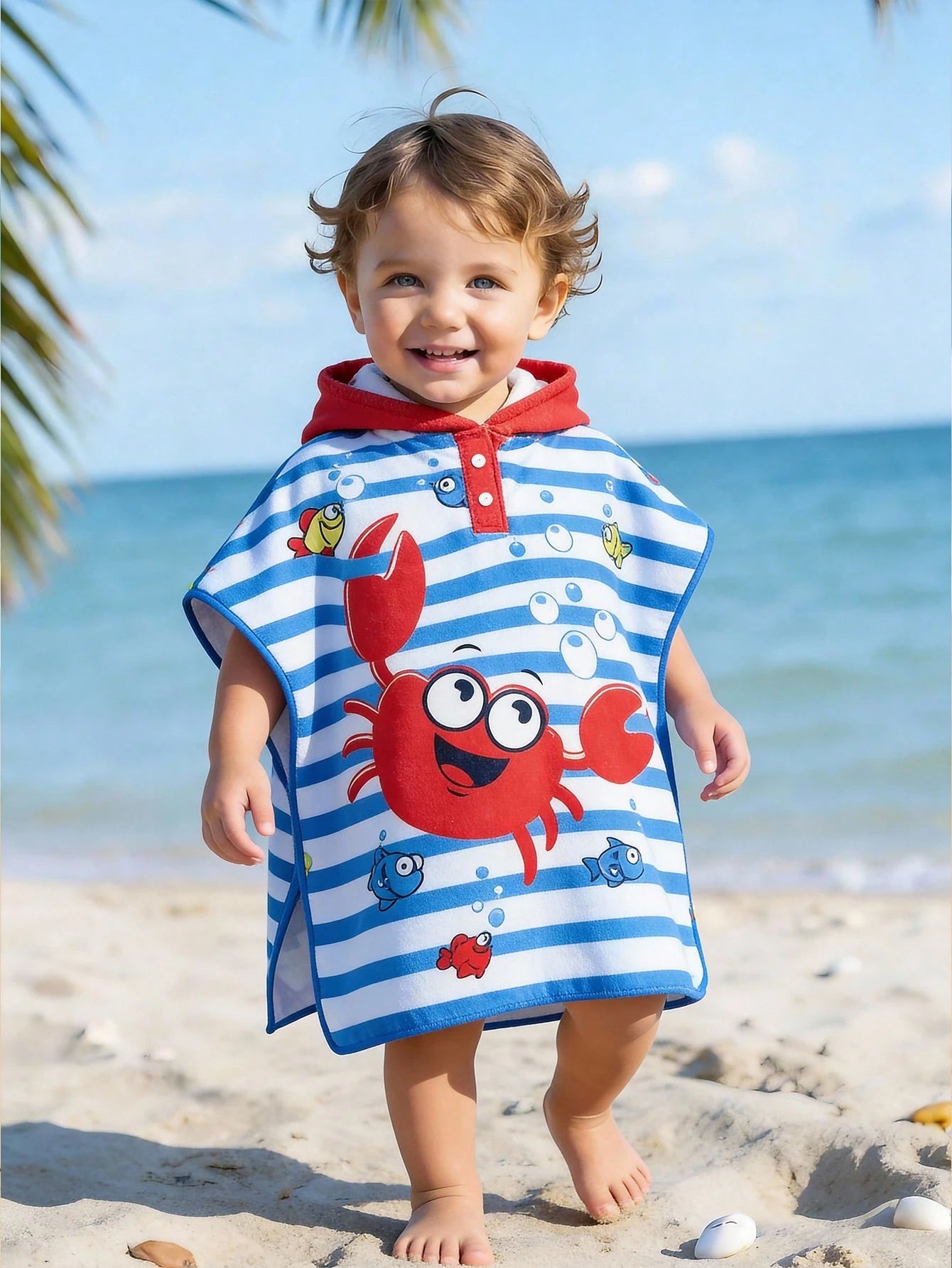 Toddler Boys' Sage Green Cartoon Sea Turtle Print Hooded Cover Up,Summer Casual Beach Vacation Holiday Infant Wearable Towel Poncho Swimwear Cape