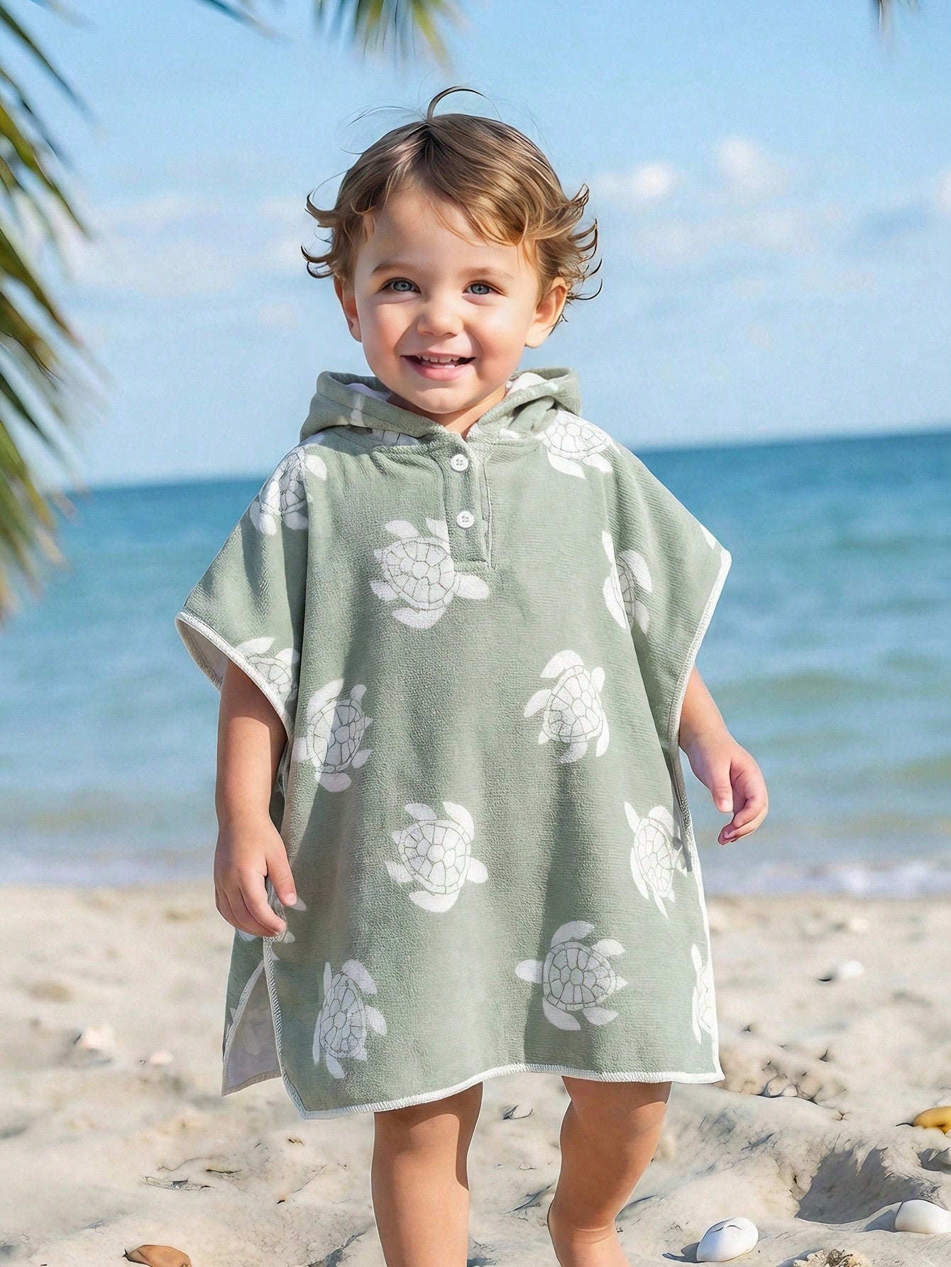 Toddler Boys' Sage Green Cartoon Sea Turtle Print Hooded Cover Up,Summer Casual Beach Vacation Holiday Infant Wearable Towel Poncho Swimwear Cape