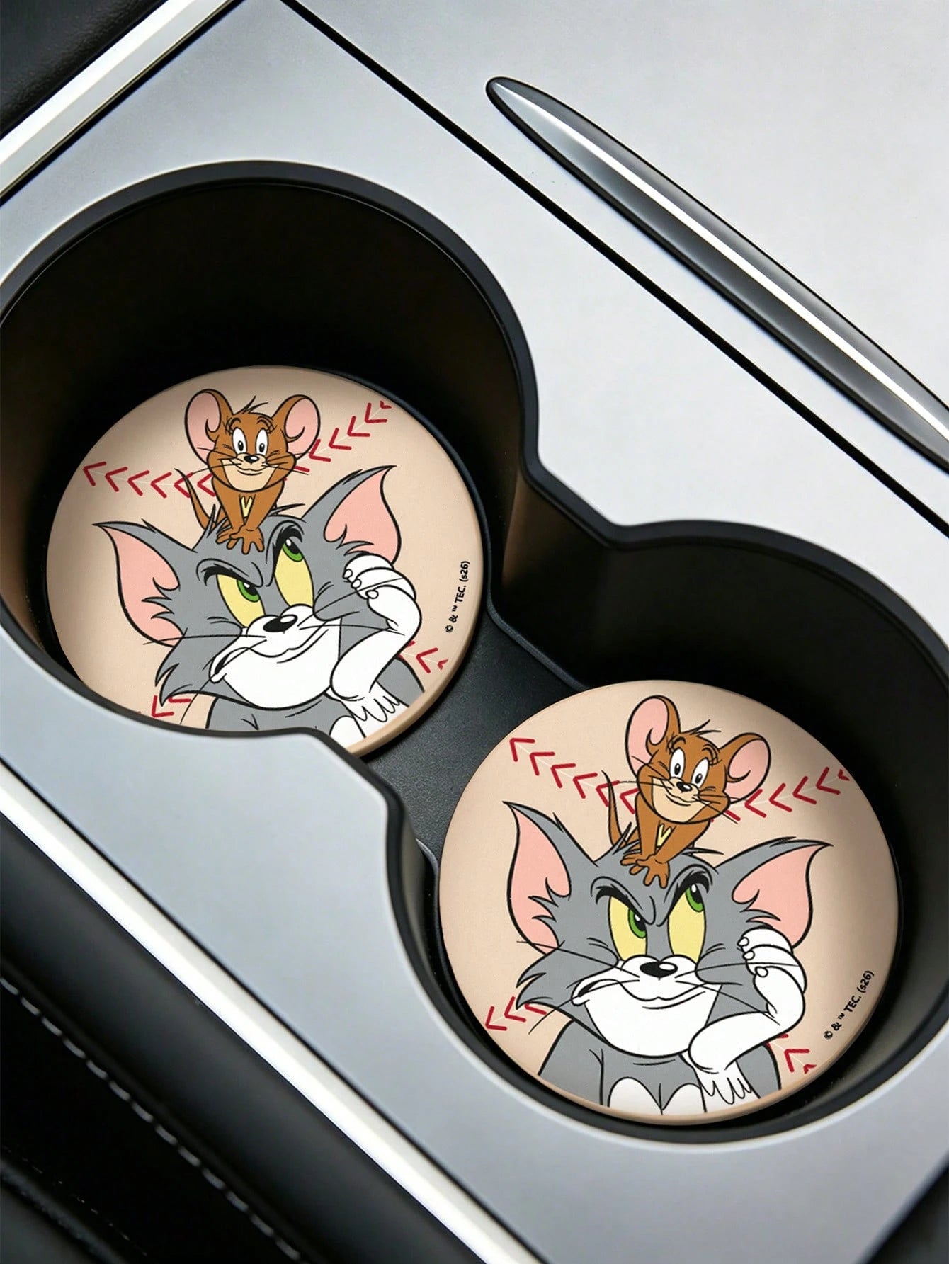 TOM & JERRY X Classic Cartoon Cat & Mouse Print PU Leather Car Coaster, Shockproof Universal Cup Holder Mat, Stylish Drink Coaster For Car, Home & Office Use