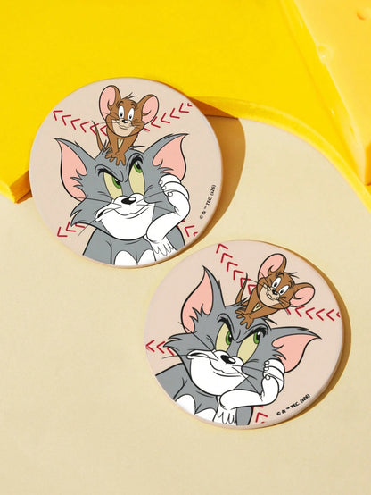 TOM & JERRY X Classic Cartoon Cat & Mouse Print PU Leather Car Coaster, Shockproof Universal Cup Holder Mat, Stylish Drink Coaster For Car, Home & Office Use