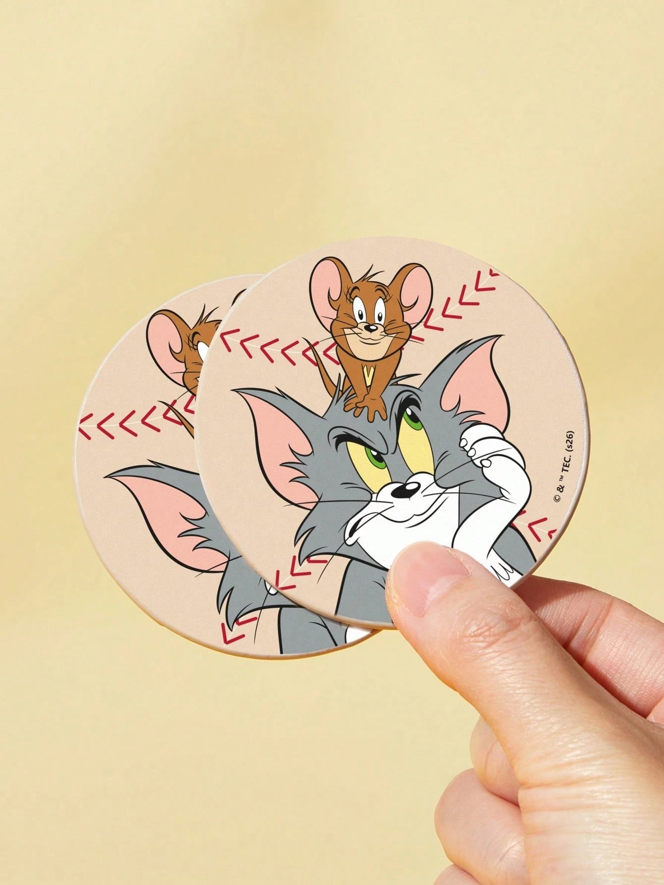 TOM & JERRY X Classic Cartoon Cat & Mouse Print PU Leather Car Coaster, Shockproof Universal Cup Holder Mat, Stylish Drink Coaster For Car, Home & Office Use