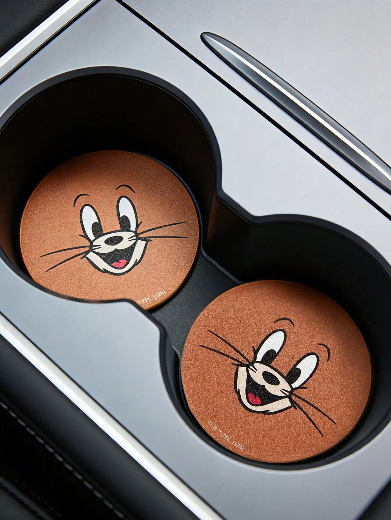 TOM & JERRY X Classic Cartoon Cat & Mouse Print PU Leather Car Coaster, Shockproof Universal Cup Holder Mat, Stylish Drink Coaster For Car, Home & Office Use