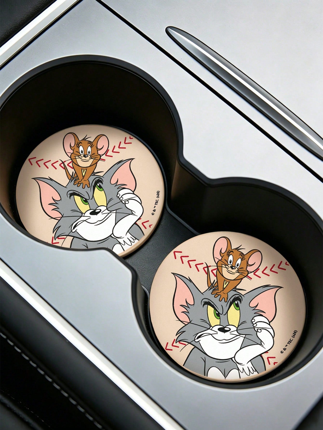 TOM & JERRY X Classic Cartoon Cat & Mouse Print PU Leather Car Coaster, Shockproof Universal Cup Holder Mat, Stylish Drink Coaster For Car, Home & Office Use