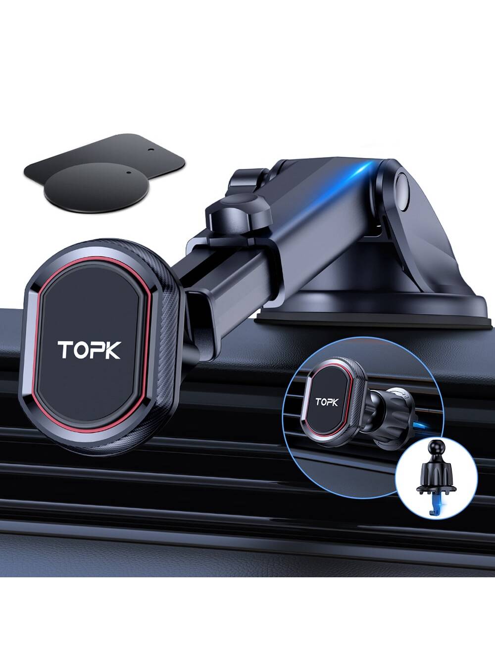 TOPK Magnetic Phone Car Mount,TOPK Dashboard Industrial-Strength Suction Cup Car Phone Mount Holder With 6 Strong Magnets Compatible With All Phones