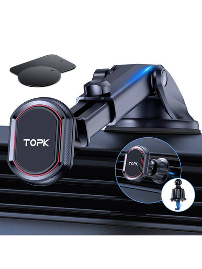 TOPK Magnetic Phone Car Mount,TOPK Dashboard Industrial-Strength Suction Cup Car Phone Mount Holder With 6 Strong Magnets Compatible With All Phones