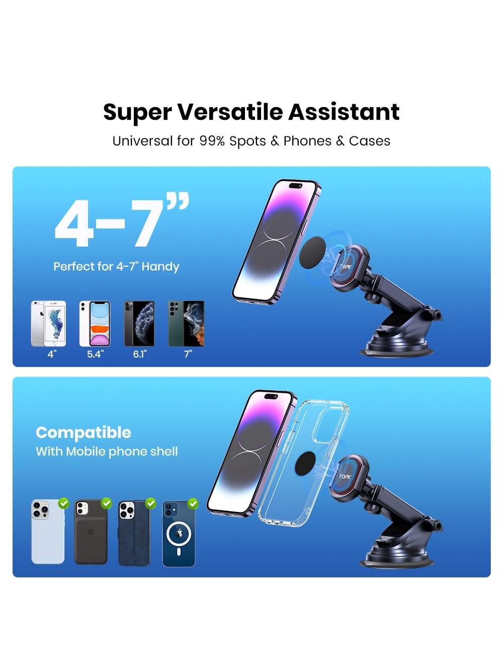 TOPK Magnetic Phone Car Mount,TOPK Dashboard Industrial-Strength Suction Cup Car Phone Mount Holder With 6 Strong Magnets Compatible With All Phones
