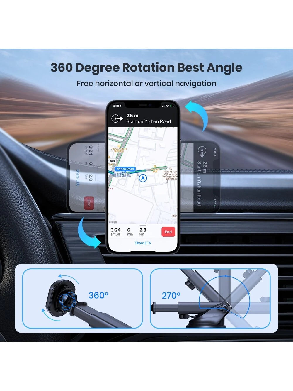 TOPK Magnetic Phone Car Mount,TOPK Dashboard Industrial-Strength Suction Cup Car Phone Mount Holder With 6 Strong Magnets Compatible With All Phones