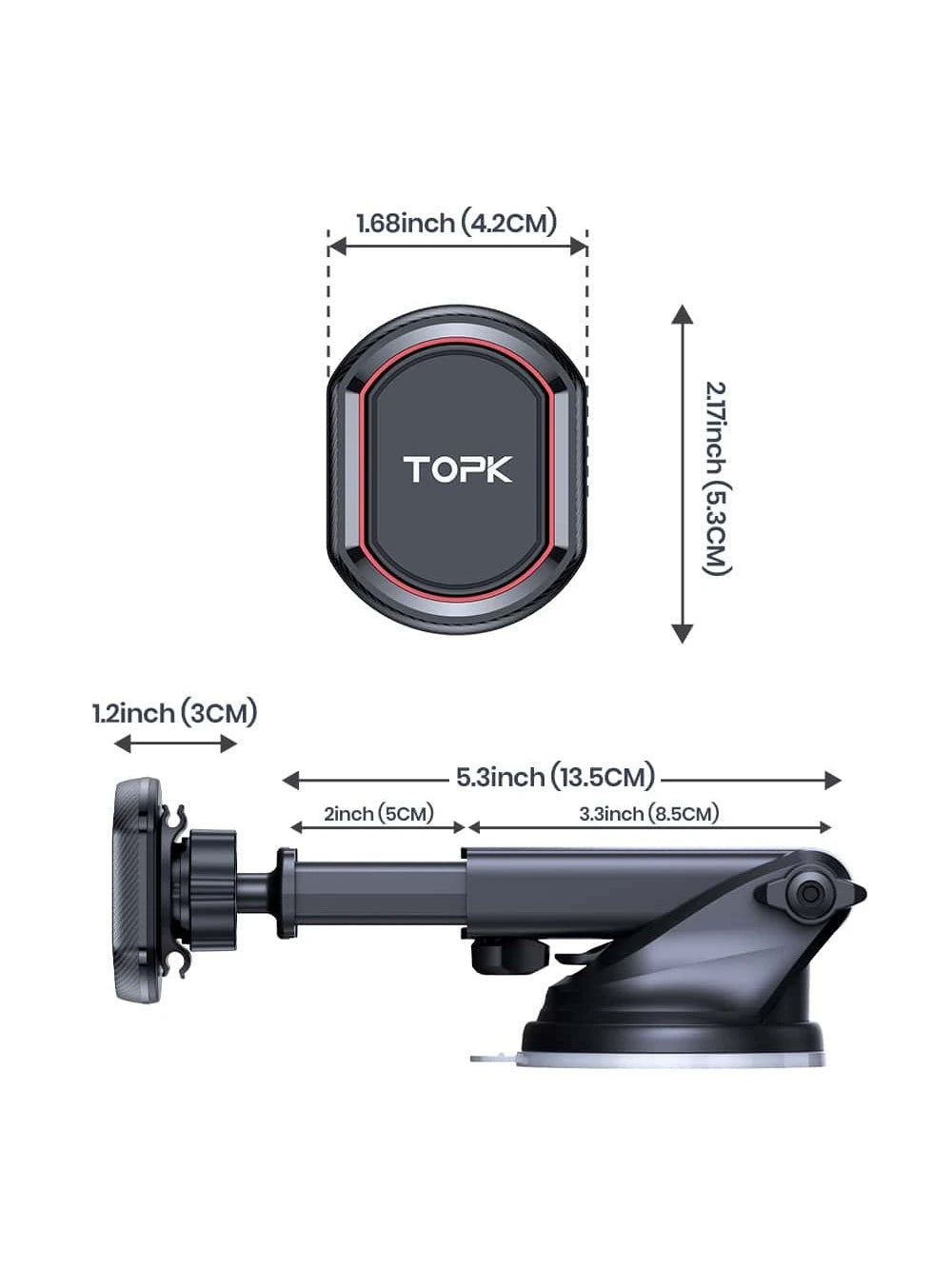 TOPK Magnetic Phone Car Mount,TOPK Dashboard Industrial-Strength Suction Cup Car Phone Mount Holder With 6 Strong Magnets Compatible With All Phones