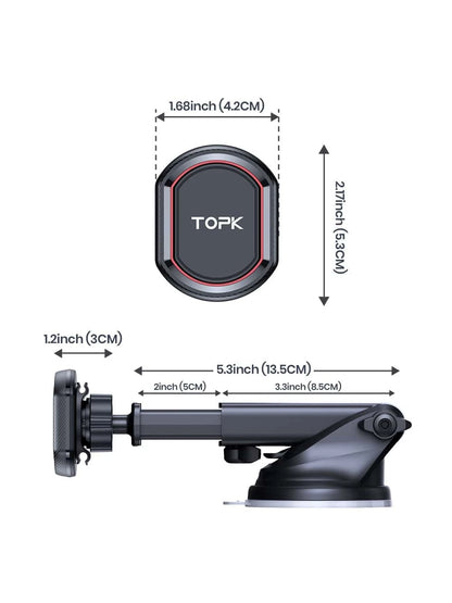 TOPK Magnetic Phone Car Mount,TOPK Dashboard Industrial-Strength Suction Cup Car Phone Mount Holder With 6 Strong Magnets Compatible With All Phones