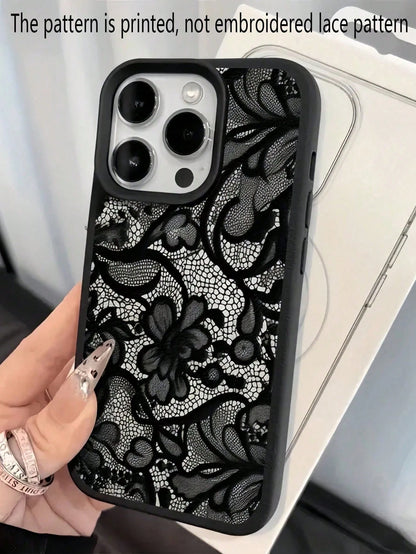 TPU Black Lace Shockproof TPU Lace 1pc Lace TPU Shockproof Flower Painted Matte Litchi Texture Full Coverage Phone Protective Case Compatible With 11 12 13 14 15 16 17 Pro Max Spring Gift Birthday Ann