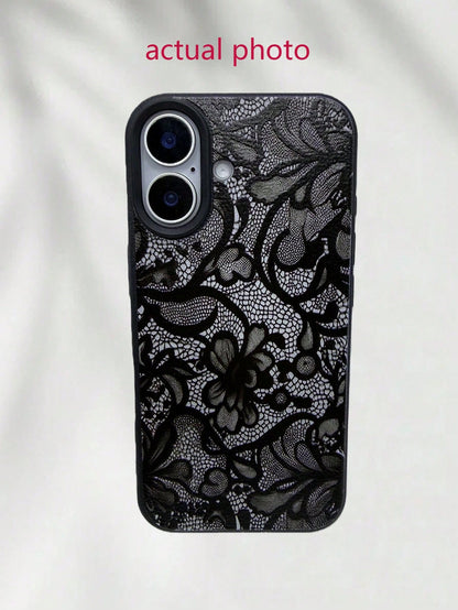 TPU Black Lace Shockproof TPU Lace 1pc Lace TPU Shockproof Flower Painted Matte Litchi Texture Full Coverage Phone Protective Case Compatible With 11 12 13 14 15 16 17 Pro Max Spring Gift Birthday Ann