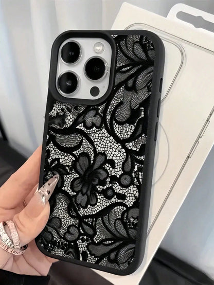 TPU Black Lace Shockproof TPU Lace 1pc Lace TPU Shockproof Flower Painted Matte Litchi Texture Full Coverage Phone Protective Case Compatible With 11 12 13 14 15 16 17 Pro Max Spring Gift Birthday Ann
