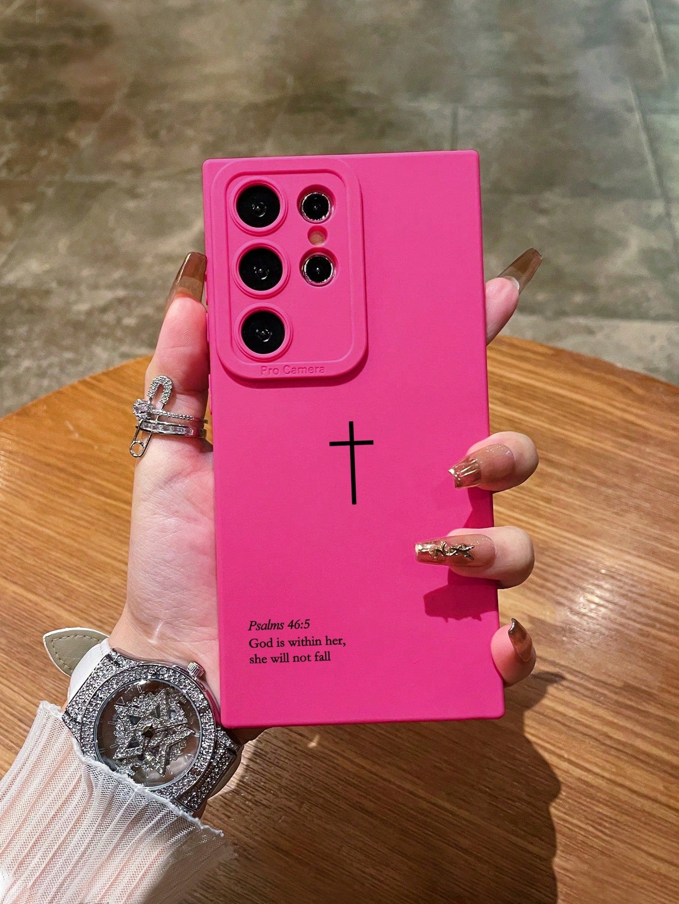 TPU Religious Mythological Figures Elements Fashion Phone Cases Slogan Elements Fashion Religious Psalm 46:5 Cross Design Phone Case, Rose Red Lens Protection Phone Case Compatible With IPhone 13/14/1
