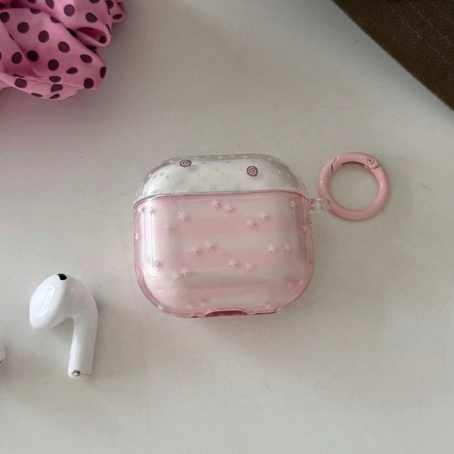 Transparent Pink Striped Star With Ring Earphone Case Compatible With AirPods 2/3/4/Pro/Pro2/Pro3, Anti-Drop Earphone Case, Gift, Fashion Accessory, Combines Aesthetics And Practicality