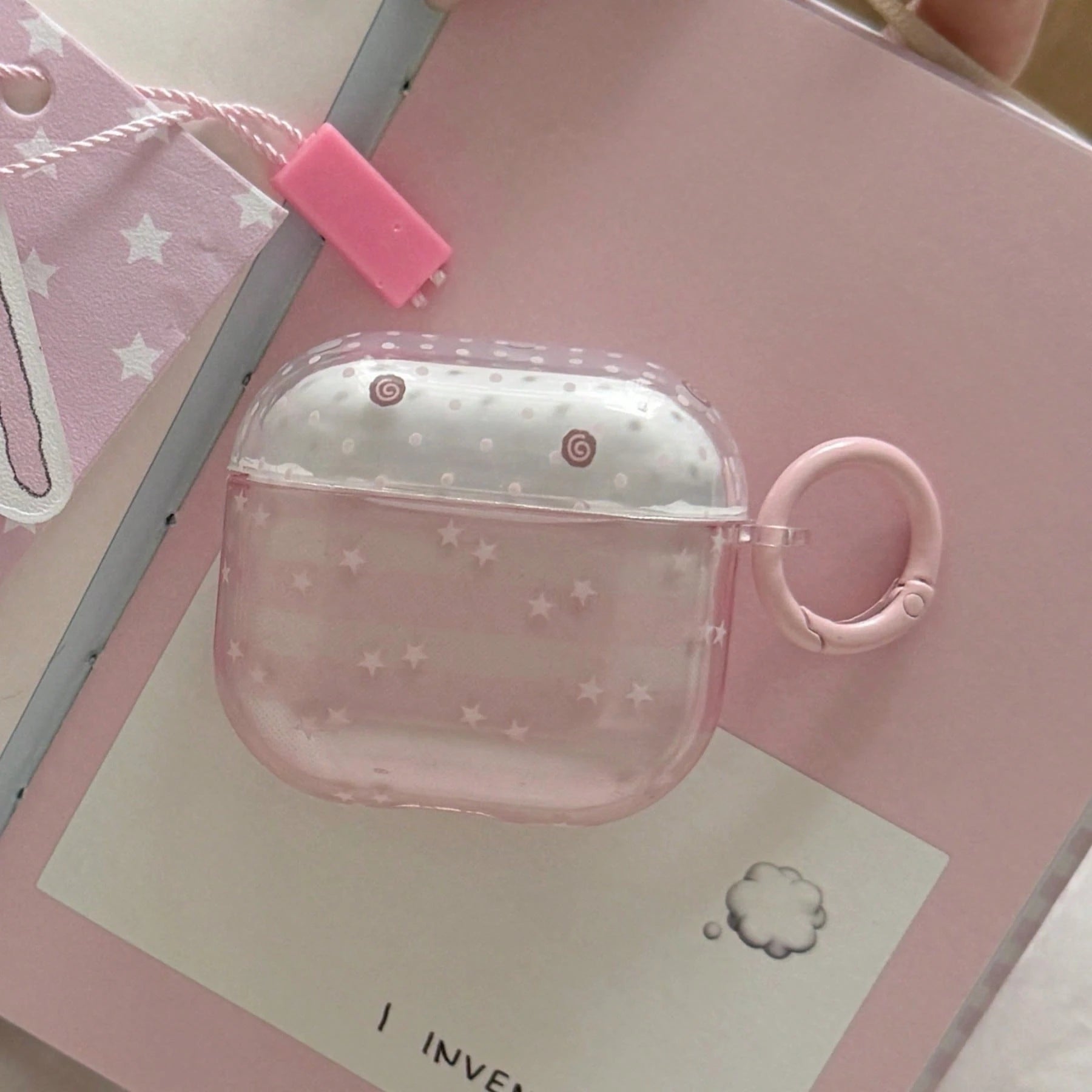 Transparent Pink Striped Star With Ring Earphone Case Compatible With AirPods 2/3/4/Pro/Pro2/Pro3, Anti-Drop Earphone Case, Gift, Fashion Accessory, Combines Aesthetics And Practicality