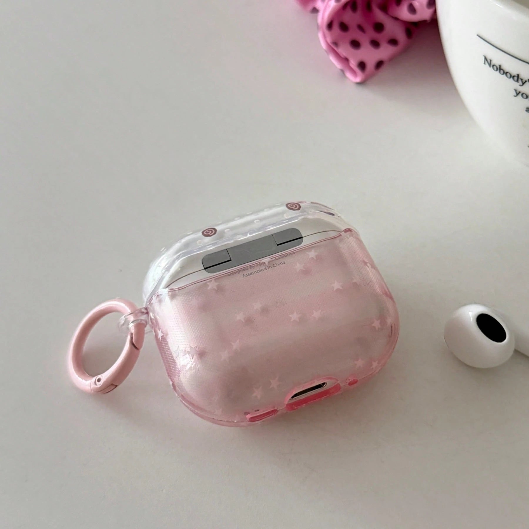 Transparent Pink Striped Star With Ring Earphone Case Compatible With AirPods 2/3/4/Pro/Pro2/Pro3, Anti-Drop Earphone Case, Gift, Fashion Accessory, Combines Aesthetics And Practicality