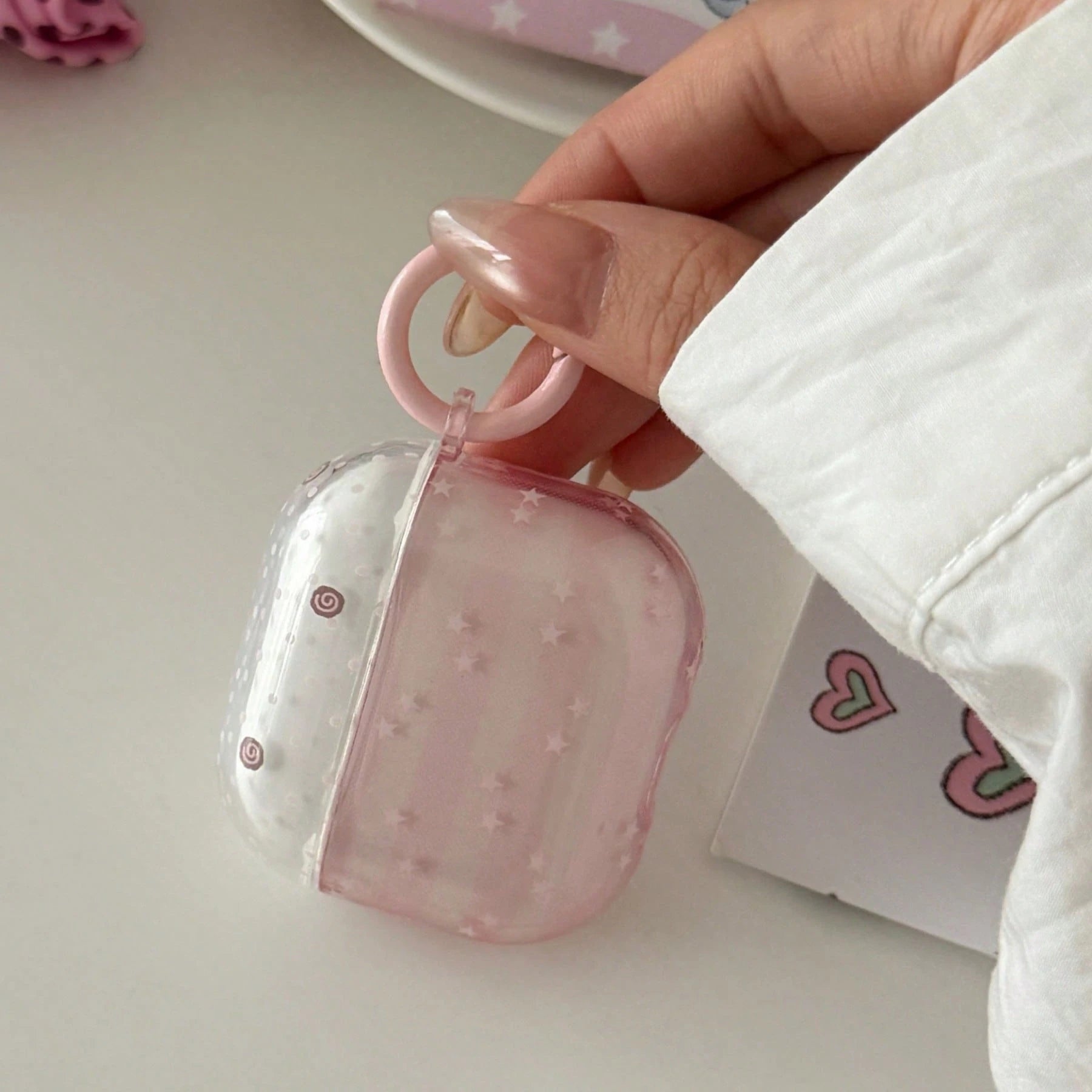 Transparent Pink Striped Star With Ring Earphone Case Compatible With AirPods 2/3/4/Pro/Pro2/Pro3, Anti-Drop Earphone Case, Gift, Fashion Accessory, Combines Aesthetics And Practicality