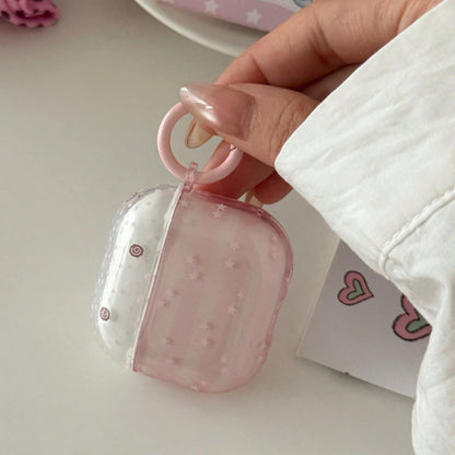 Transparent Pink Striped Star With Ring Earphone Case Compatible With AirPods 2/3/4/Pro/Pro2/Pro3, Anti-Drop Earphone Case, Gift, Fashion Accessory, Combines Aesthetics And Practicality